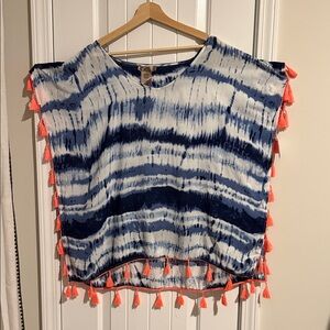 Blue and White Tie-Dye Women's Beach Cover Up with Tassels